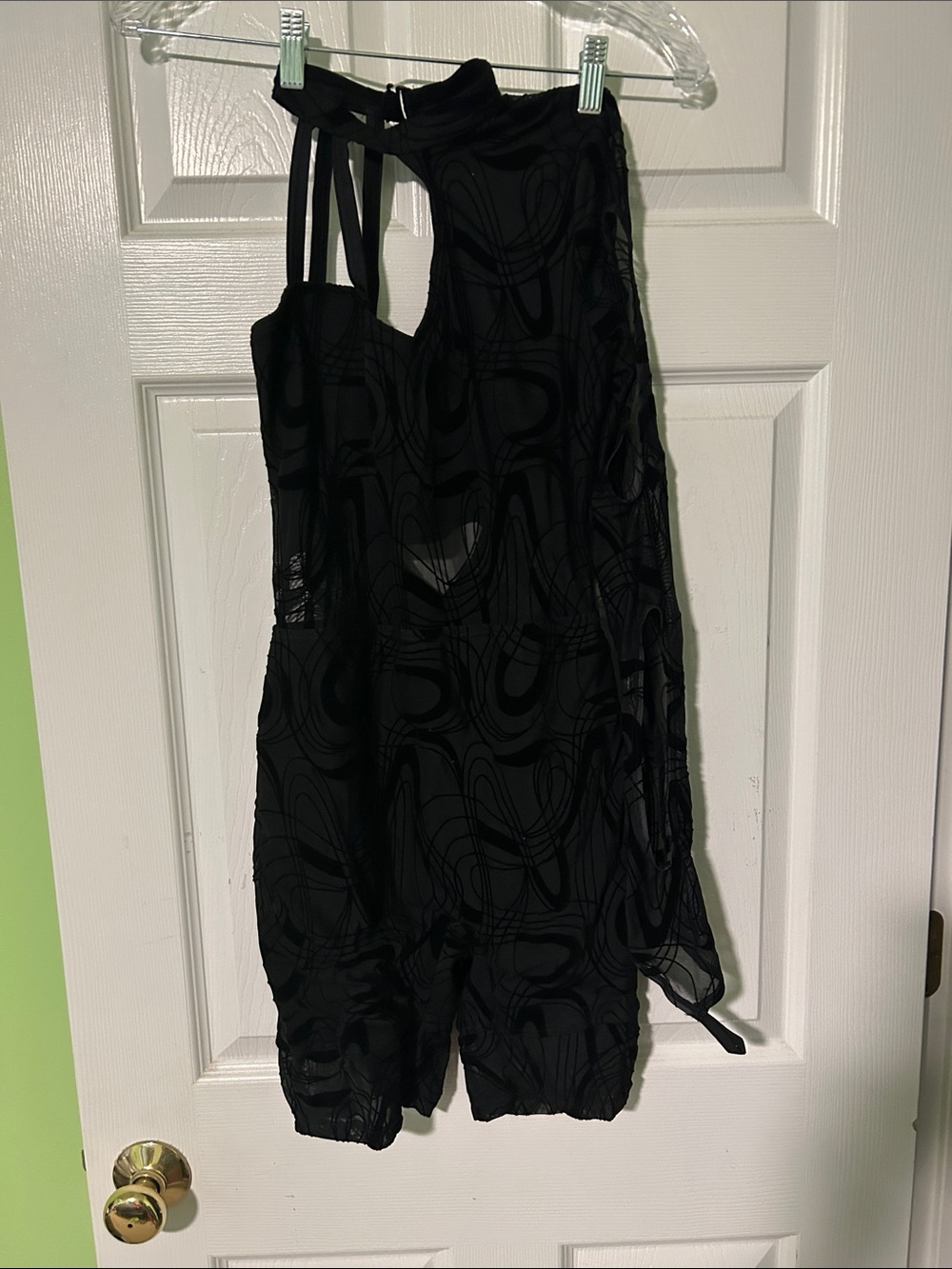 Weismann Black Strappy one piece costume with Sheer Swirl Overlay